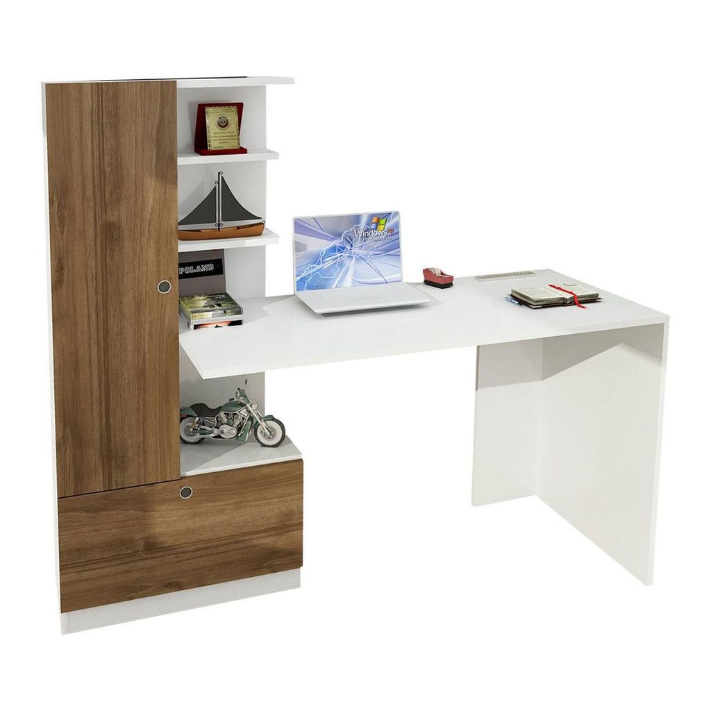 Modern stílusú íróasztal, szekrénnyel és polcokkal, fehér-fa - doublon - butopêa